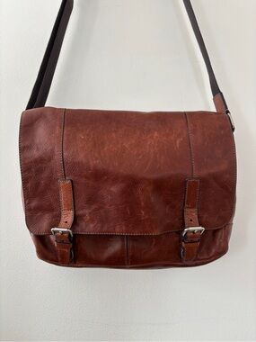 Fossil Leather Messenger Bag Dark Brown Buckle Clasp Briefcase Silver Hardware
